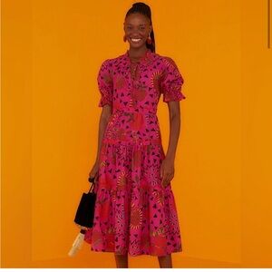 Farm Rio Pink Snake Fruit Tiered Midi Dress Medium